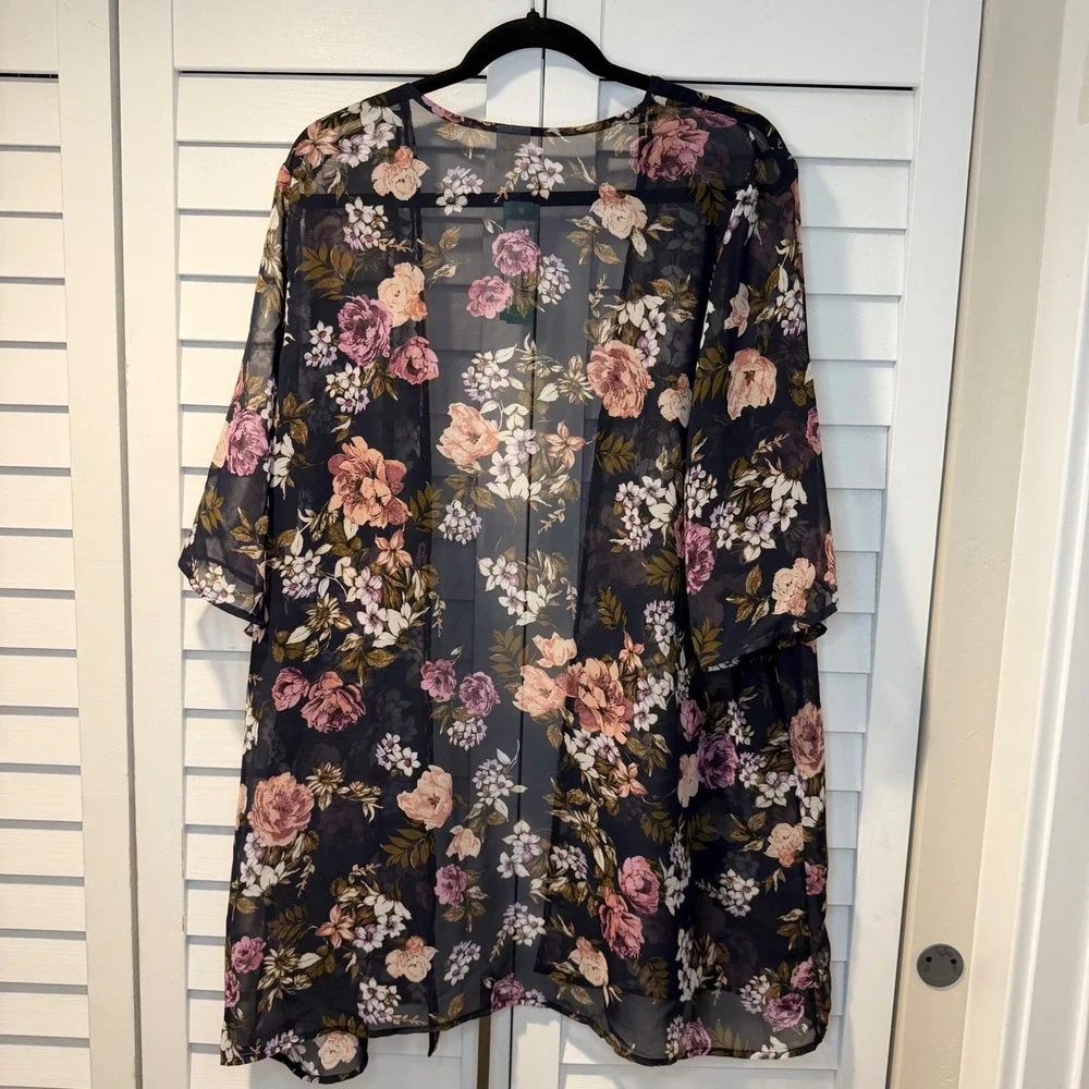 Kaileigh Tinkham Open Kimono Navy Floral Sheer Chiffon XXL Stitch‎ Fix Boho New